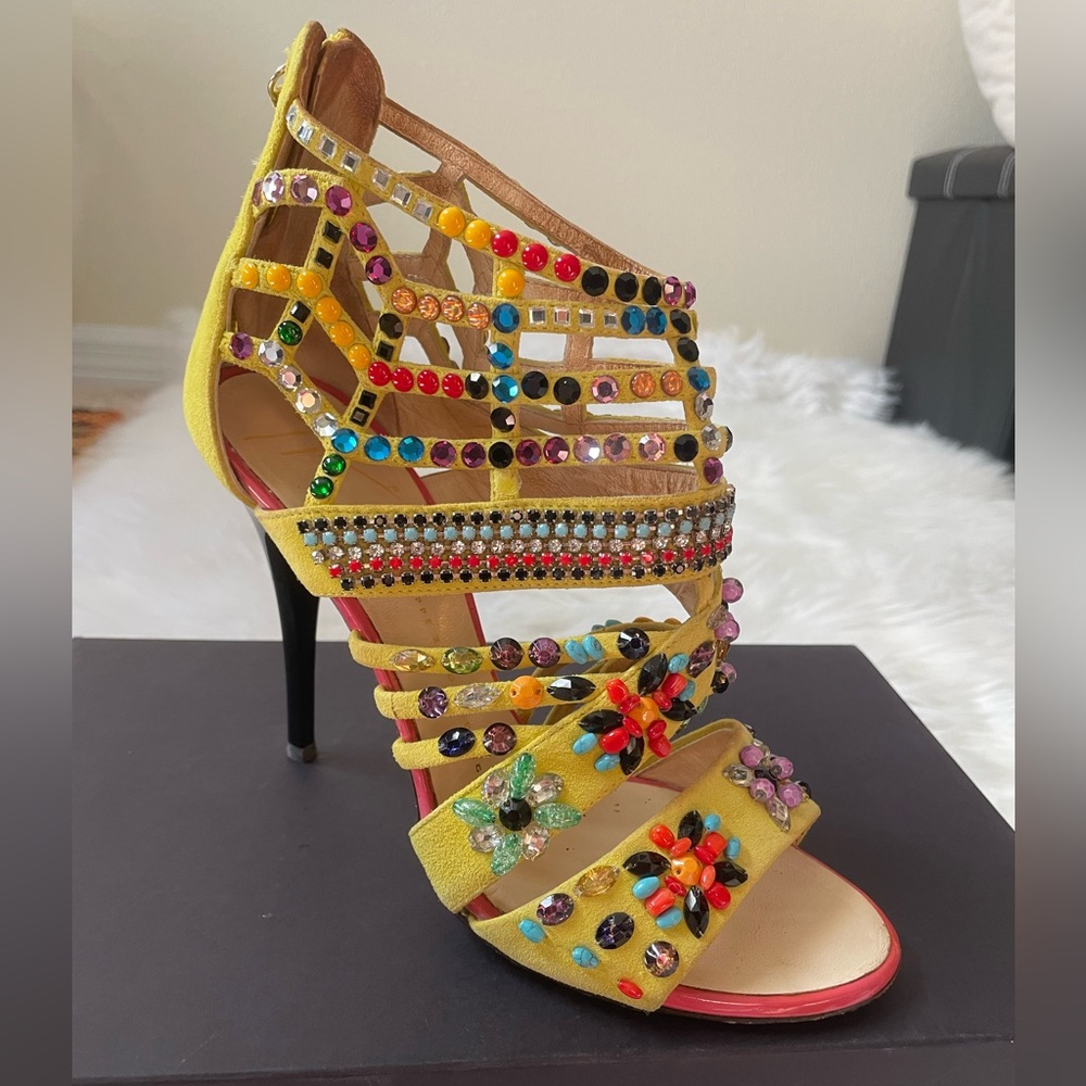 GIUSEPPE ZANOTTI Green Suede Heels with Crystals Sz 39.5